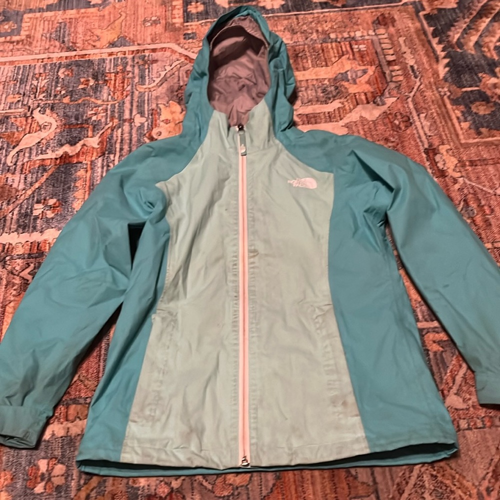 the north face rain coat and wind breaker, sea green and teal, girls medium